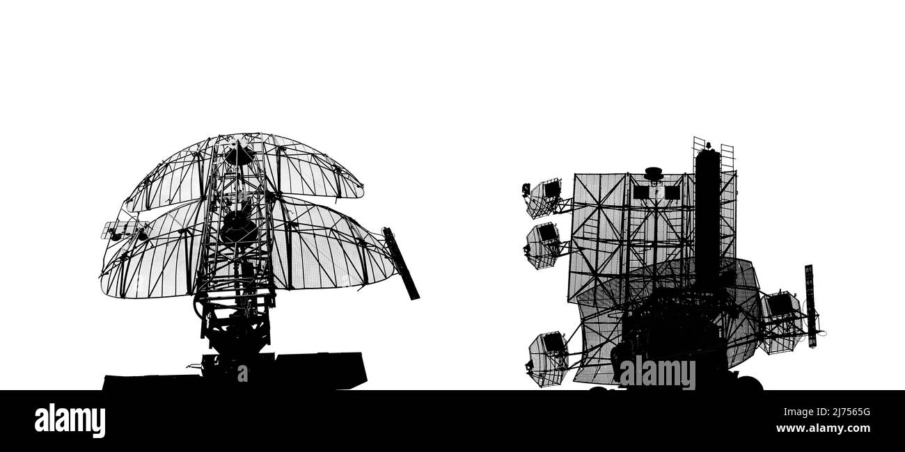 Kontur Luftverteidigungsradare der militärischen mobilen Anti-Flugzeug-Systeme, moderne Armee-Industrie auf weißem Hintergrund, Russland Stockfoto