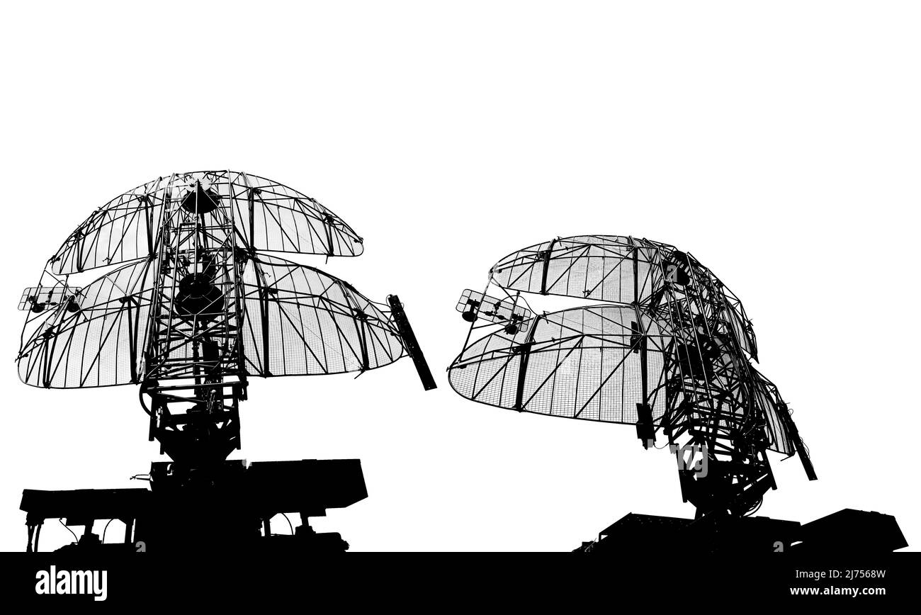 Kontur Luftverteidigungsradare der militärischen mobilen Anti-Flugzeug-Systeme, moderne Armee-Industrie auf weißem Hintergrund, Russland Stockfoto