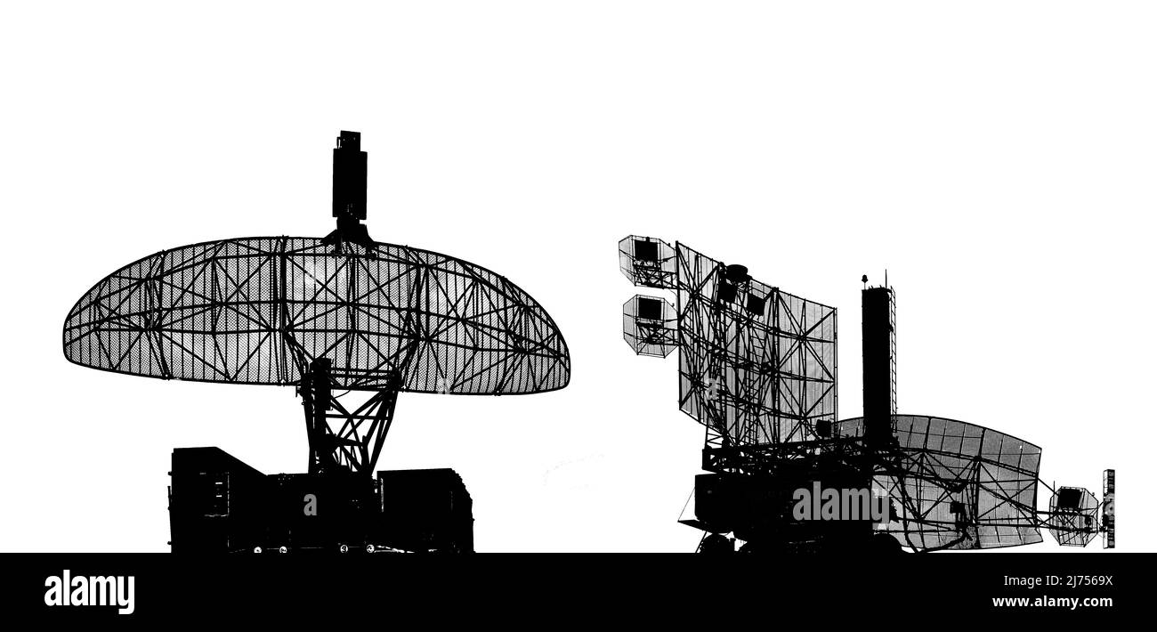 Kontur Luftverteidigungsradare der militärischen mobilen Anti-Flugzeug-Systeme, moderne Armee-Industrie auf weißem Hintergrund, Russland Stockfoto
