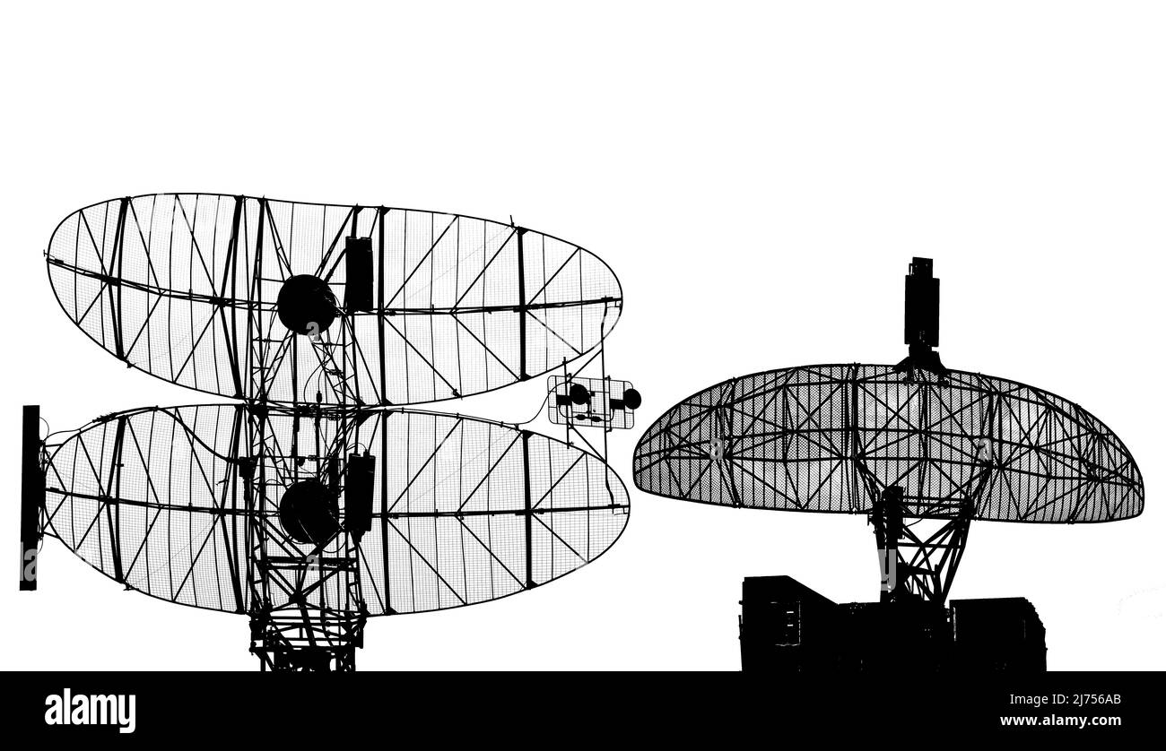 Kontur Luftverteidigungsradare der militärischen mobilen Anti-Flugzeug-Systeme, moderne Armee-Industrie auf weißem Hintergrund, Russland Stockfoto