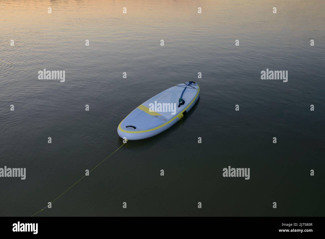 Stand-up-Paddle-Board schwimmt ruhig auf dem Wasser während des ruhigen Sommermorgens Stockfoto