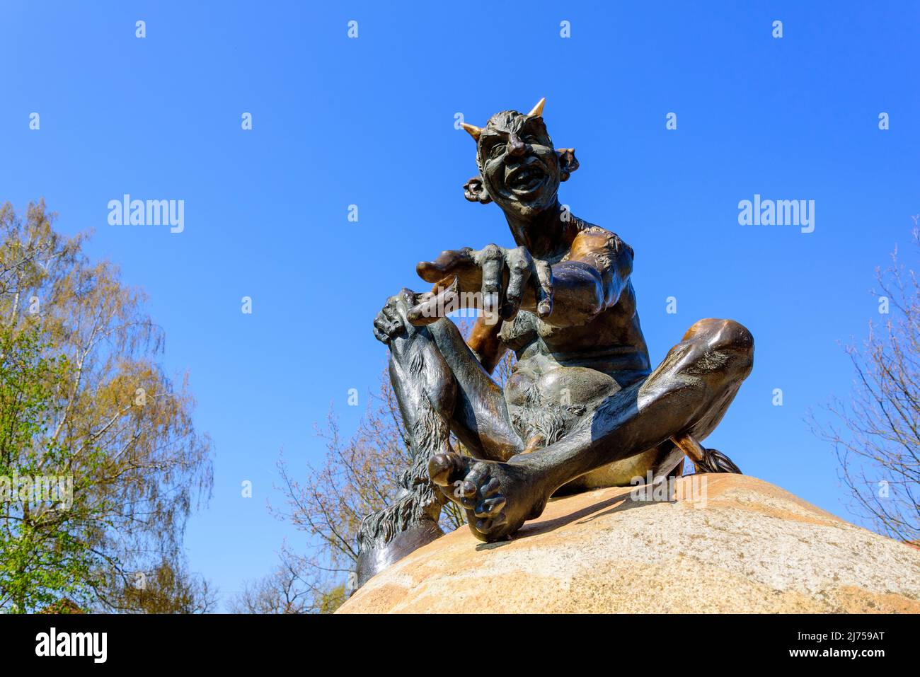 Statue des Teufels auf dem Hexentanzplatz über Thale, Harz, Deutschland Stockfoto