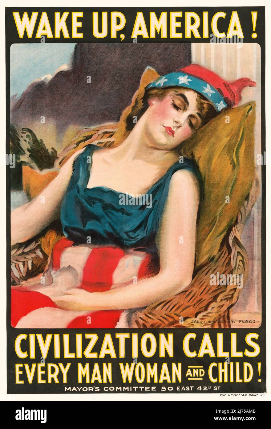 Ein amerikanisches Plakat aus dem ersten Weltkrieg aus dem frühen 20.. Jahrhundert, 1914-1918, das eine in Stars & Stripes gekleidete Frau zeigt, die Amerika beim Schlafen symbolisiert. Der Künstler ist James Montgomery Flagg. (1877-1960) Stockfoto