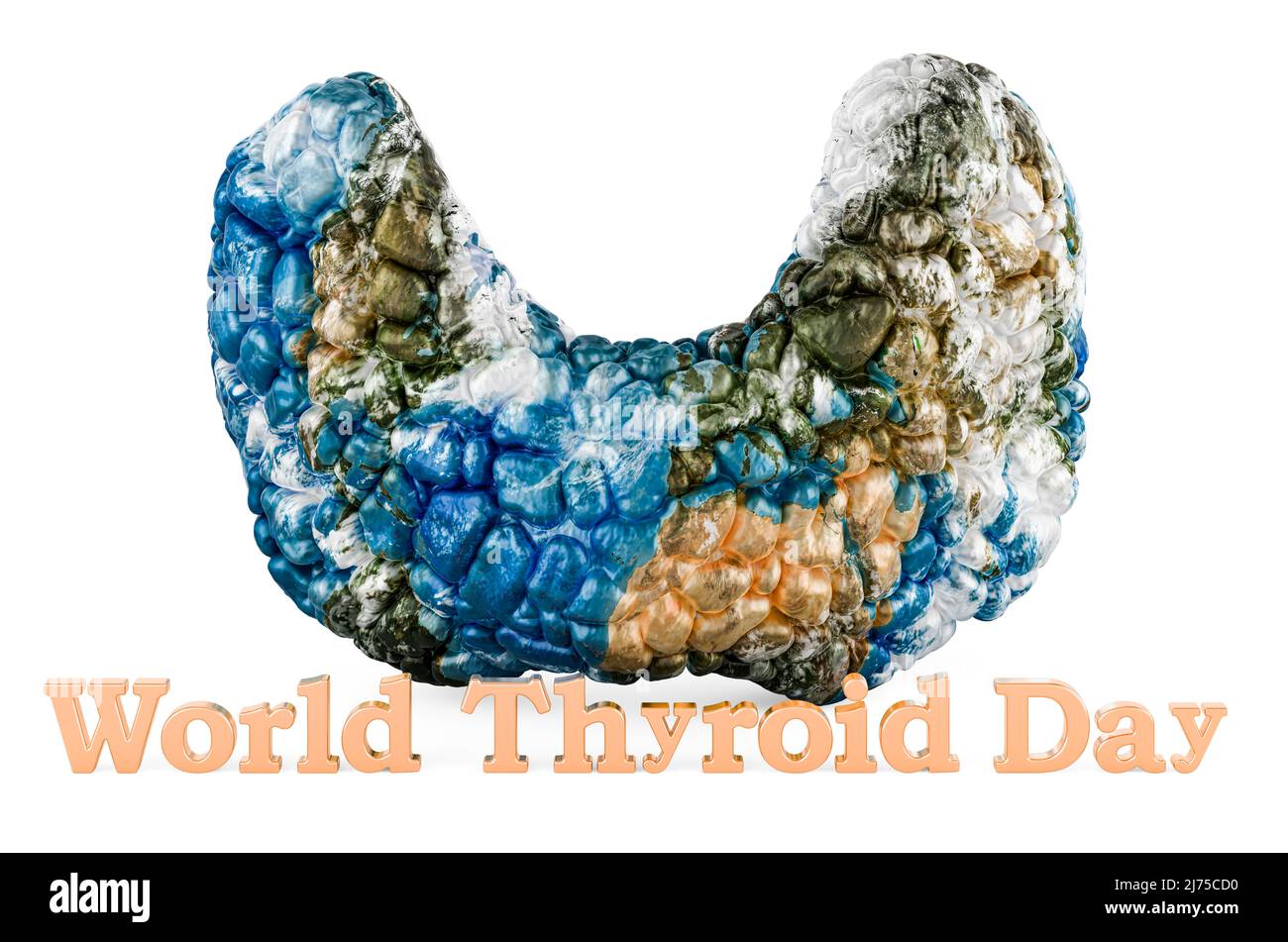 Schilddrüse mit Erdkartenstruktur, 3D Rendering World Thyroid Day, Konzept. 3D Darstellung isoliert auf weißem Hintergrund Stockfoto