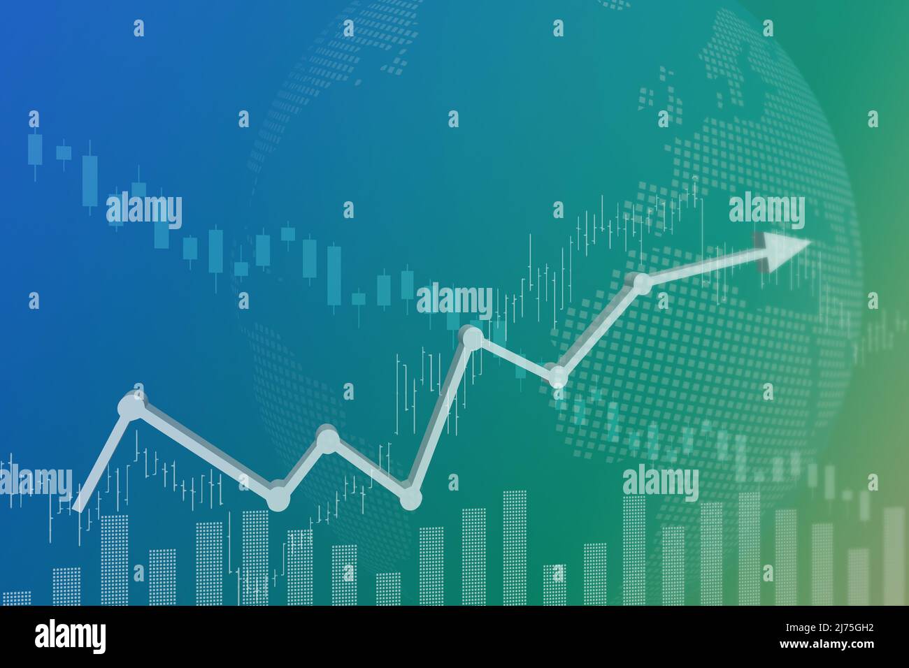 Blauer und grüner Finanzhintergrund mit Balken, Pfeil, Spalten und Diagrammen. Börsenkonzept Stockfoto
