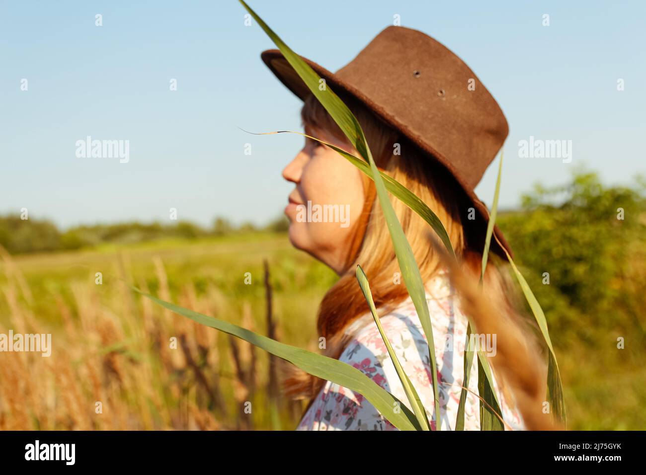 Unschärfe-Nahaufnahme Porträt einer schönen blonden Frau mittleren Alters in der Nähe von Schilf- und Pampagras. Jugend, Wellness und Lifestyle. 40s Frau über die Natur Stockfoto