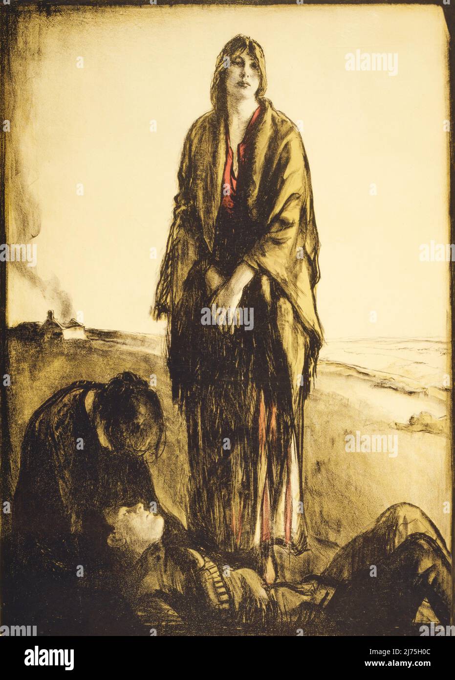 Ein Detail eines britischen Posters, das die Sinnlosigkeit des Krieges illustriert. Das Bild zeigt eine Frau, die untröstlich steht, während sich eine andere Frau über einen toten Soldaten beugt. Ohne Textzuschreibung könnte diese Zeichnung aus dem frühen 20.. Jahrhundert in Frankreich oder Belgien während des Ersten Weltkriegs oder während des irischen Bürgerkrieges von 1922/3 zu finden sein. Der Künstler ist Gerald Spencer Pryse (1882–1956) Stockfoto