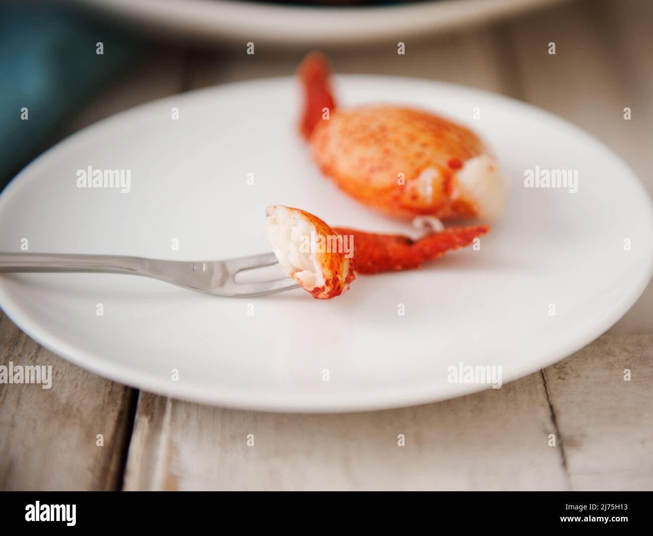 Hummer auf einem Teller mit Hummergabel Stockfoto