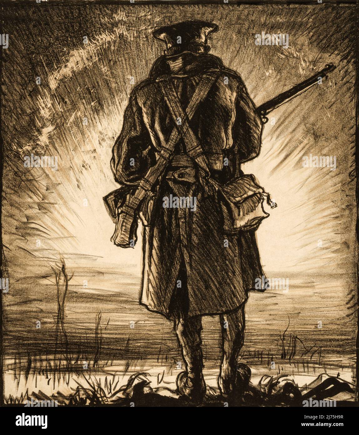 Ein Detail aus einem britischen Plakat, 1915, das für Beiträge zum Nationalfonds für die walisischen Truppen beschwichtigt. Die Abbildung zeigt einen Soldaten, der einem hellen Licht am Horizont gegenübersteht, möglicherweise einer Explosion oder Morgendämmerung. Der Künstler war Frank Brangwyn (1867-1956). Stockfoto Ein Detail aus einem britischen Plakat, 1915, das für Beiträge zum Nationalfonds für die walisischen Truppen beschwichtigt. Die Abbildung zeigt einen Soldaten, der einem hellen Licht am Horizont gegenübersteht, möglicherweise einer Explosion oder Morgendämmerung. Der Künstler war Frank Brangwyn (1867-1956). Stockfoto