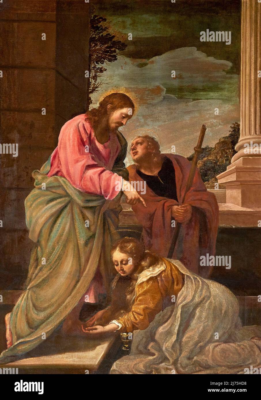 Maria Maddalena unge i piedi di Gesù - olio su tela - pittore emiliano veneto della prima metà del XVIII secolo - Melara (RO) ,Italia,chiesa parrocchi Stockfoto