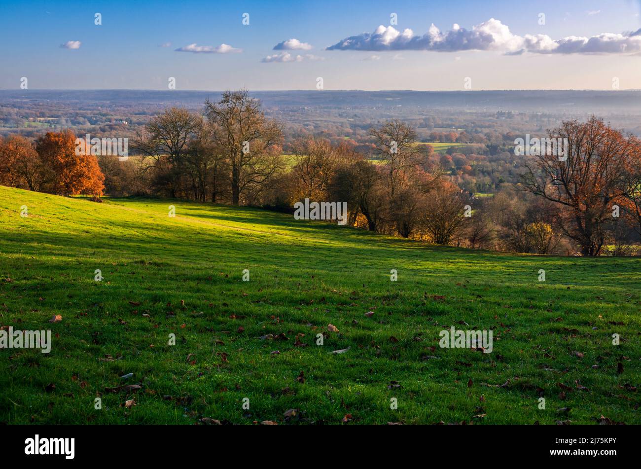 Wunderschöne Aussicht im Spätherbst südlich des weald von den Kent Downs in der Nähe von Sevenoaks im Südosten Englands Stockfoto