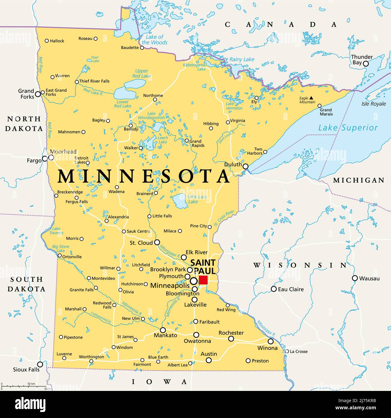 Minnesota, MN, politische Karte, mit Hauptstadt Saint Paul und Metropolregion Minneapolis. Staat im oberen Mittleren Westen der Vereinigten Staaten. Stockfoto