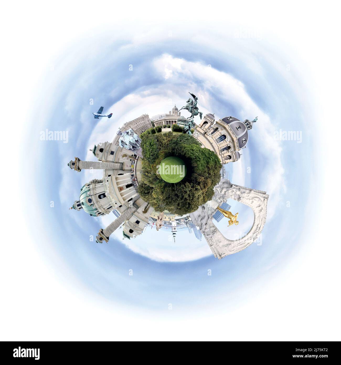 360-Grad-Illustration (Erdansicht) mit berühmten Sehenswürdigkeiten und Sehenswürdigkeiten von Wien, Österreich, September 2019 Stockfoto