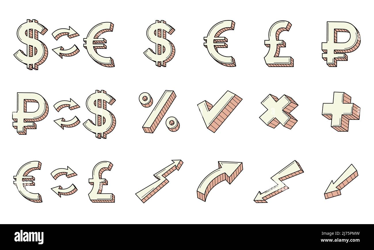 Eine Reihe von farbigen Doodle Geschäft, Symbole. Geldwechselsymbole, Rubel, Dollar, Euro, Pfund, Pfeile. Wachstum und Rückgang der Währung. Handzeichnen Stock Vektor