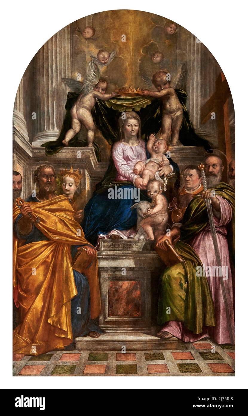 Madonna col Bambino incoronata in trono con S.Pietro,S.Paolo,S,Caterina d’Alessandria e due santi - olio su tela - scuola di Palma il giovane - XVI se Stockfoto