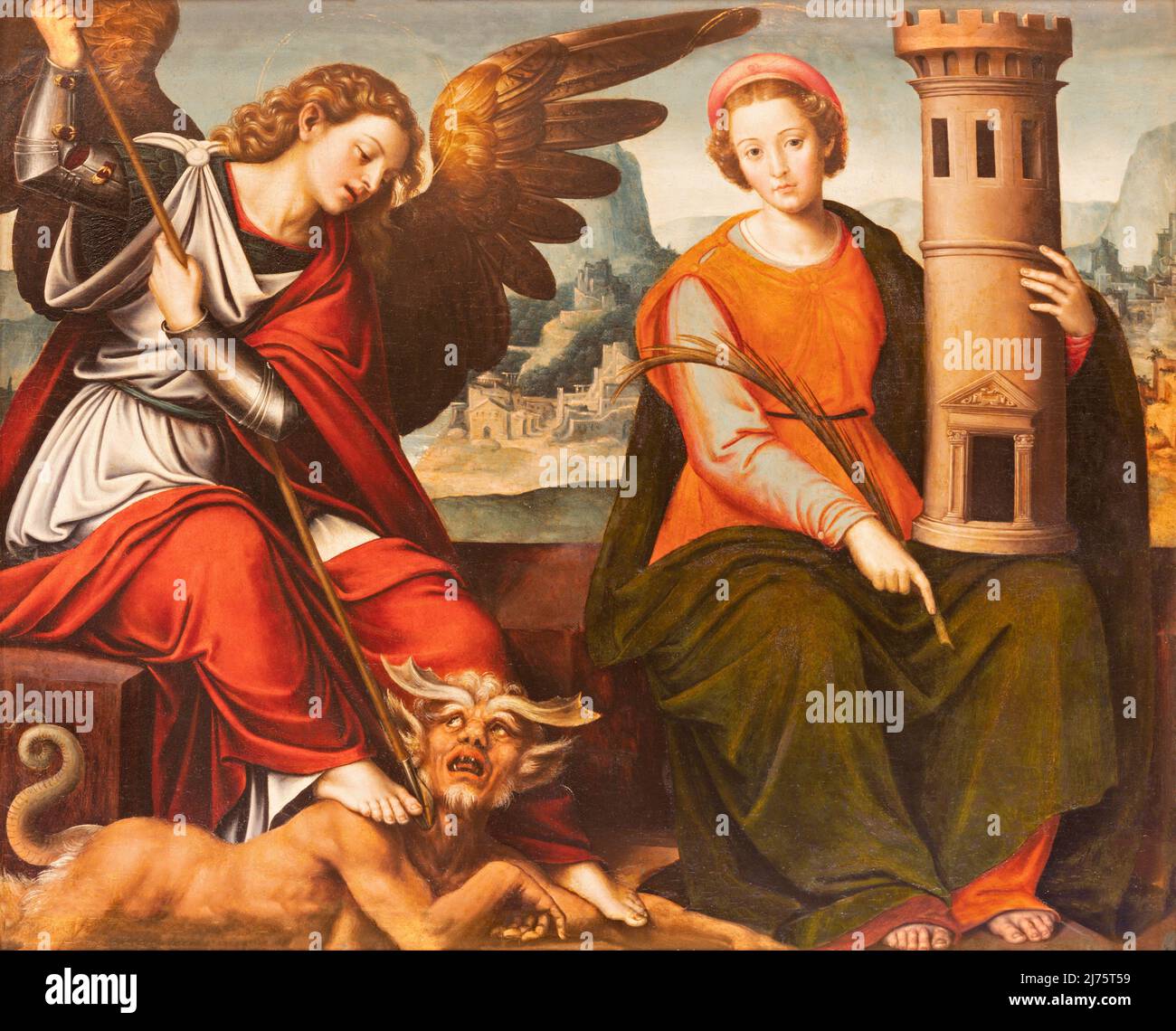 VALENCIA, SPANIEN - 14. FEBRUAR 2022: Das Renaissance-Gemälde des Erzengels St. Michael und der heiligen Barbara in der Kathedrale von Juan de Juanes aus dem Jahr 16. Stockfoto