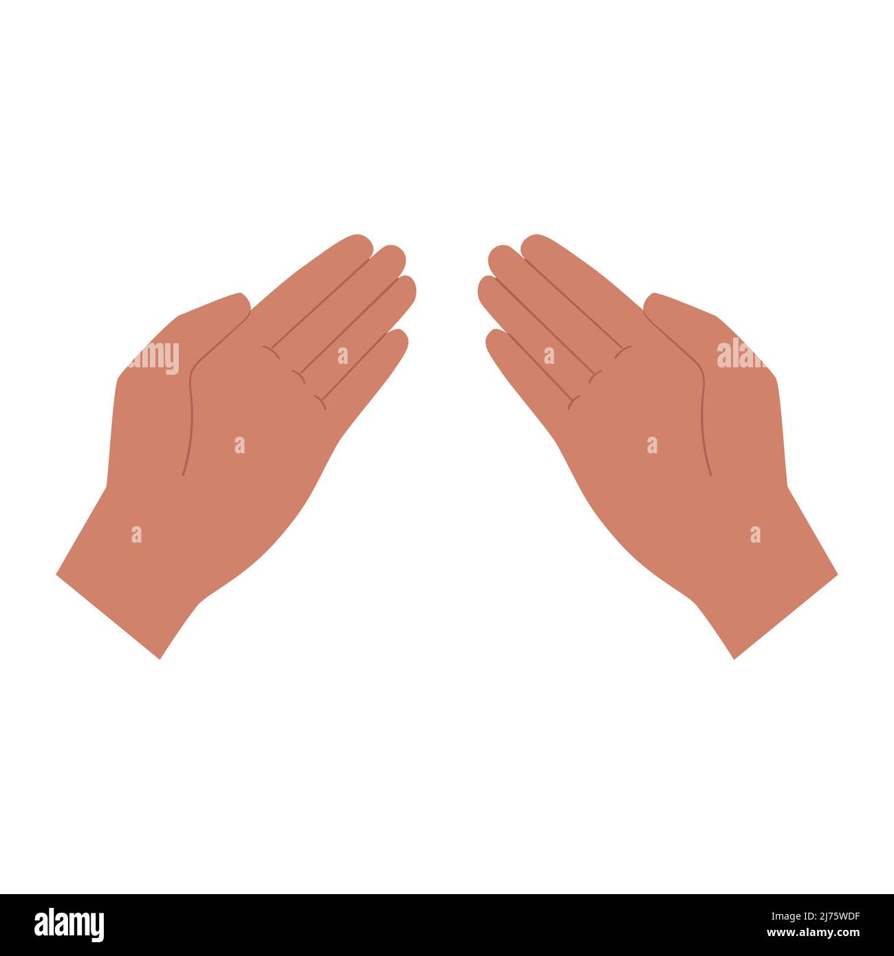 Zwei Hände, die Handflächen nach oben. Geste. Hält, gibt, zeigt etwas. Menschliche Hände. Auf weißem Hintergrund isolierte Darstellung von Farbvektoren. Stock Vektor