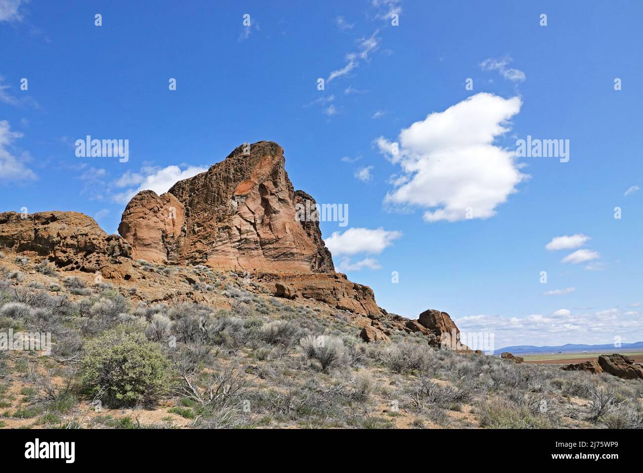 Blick auf Fort Rock und den Fort Rock State Park, eine massive Vulkankrdera in den Ebenen von Zentral-Oregon und einst eine Insel in einem riesigen Binnenmeer. Stockfoto