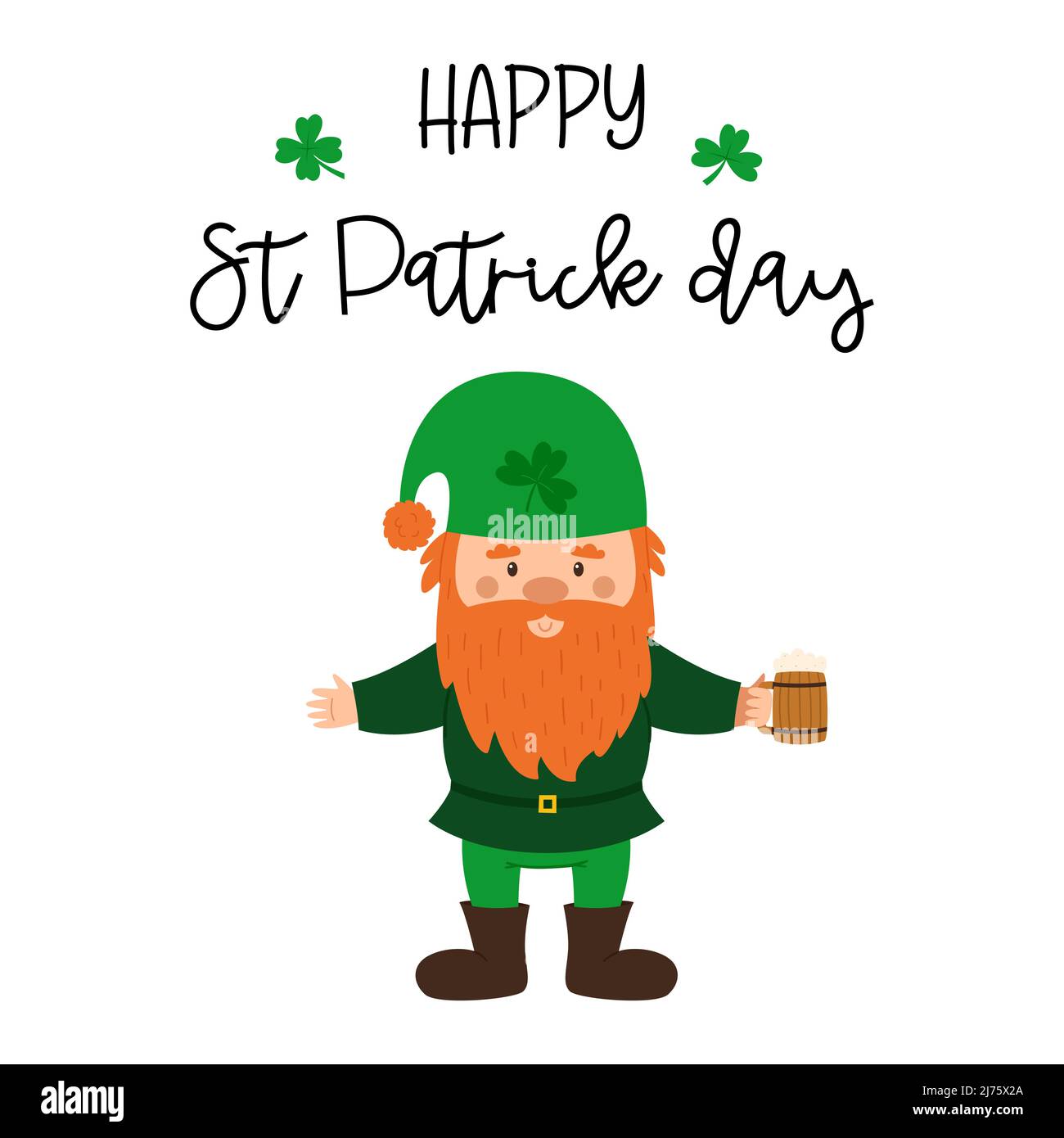 Ein kleiner Gnom mit einem roten Bart und einem grünen Hut mit einem Kleeblatt hält einen Becher Bier in der Hand. Eine Postkarte mit kleinem Zwerg und den Worten Happy St. Patrick's Stock Vektor