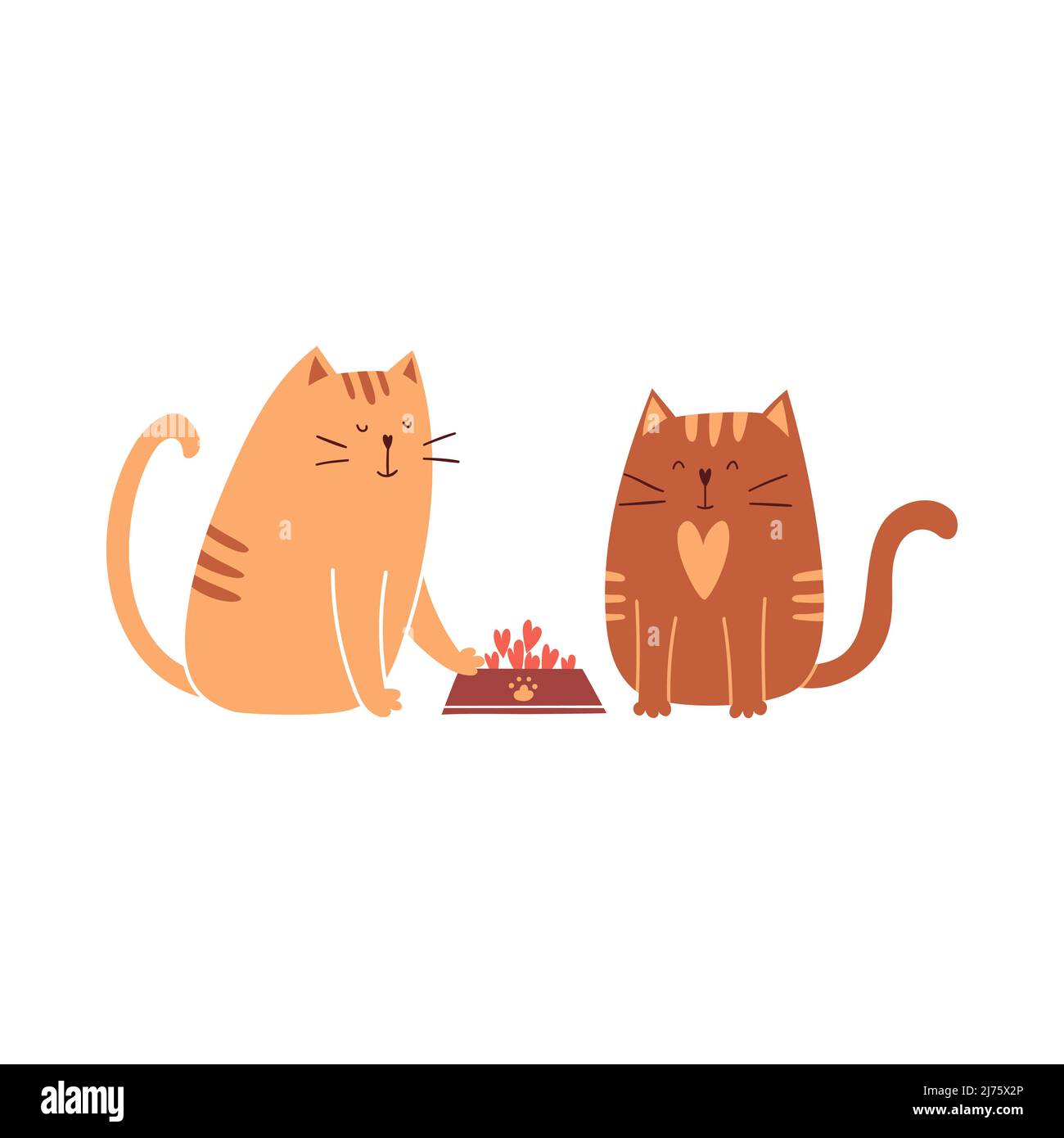 Niedliche Cartoon-Katze bewegt eine Schüssel mit Herzen zu einer anderen Katze. Fröhliche, charmante Katzen-Figuren für Valentinstag-Karten. Vektordarstellung isoliert auf einem Stock Vektor
