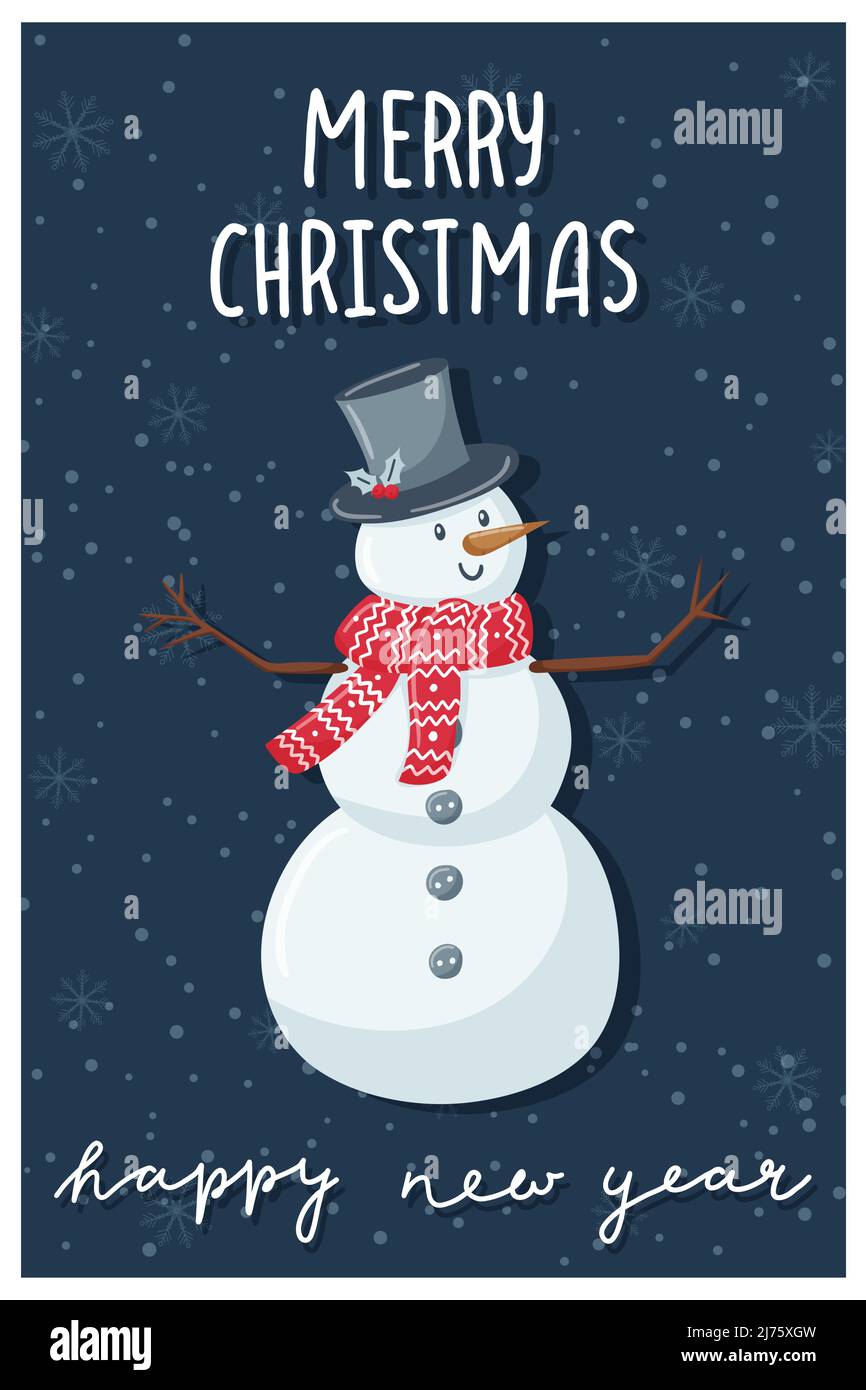 Weihnachtskarte. Ein Schneemann in einem Hut und Schal mit Zweig Arme auf dunklem Hintergrund. Hand Lettering - Frohe Weihnachten und Frohes neues Jahr. Süßes Fla Stock Vektor