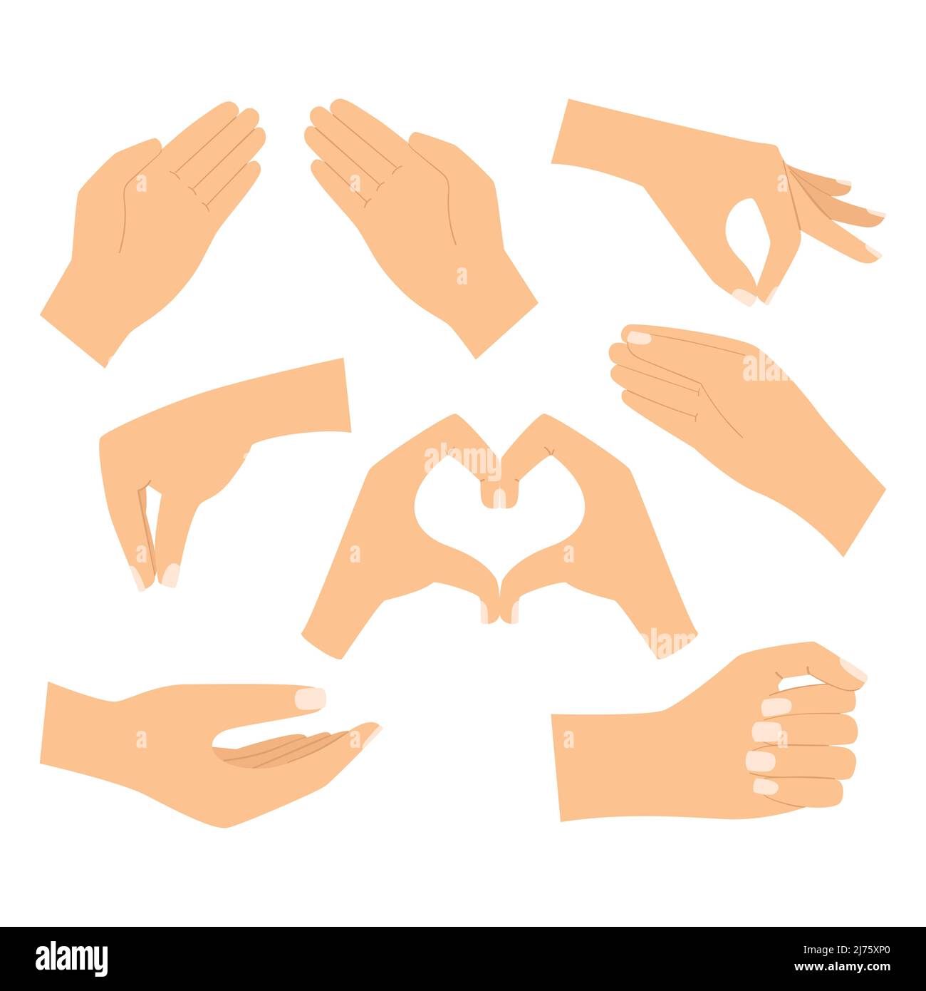 Ein Set mit leeren menschlichen Händen. Die Hand hält, gibt, zeigt eine Herzbewegung, hält mit zwei Fingern, eine Pinch-Geste. Cartoon hellhäutige Hände. Ve Stock Vektor