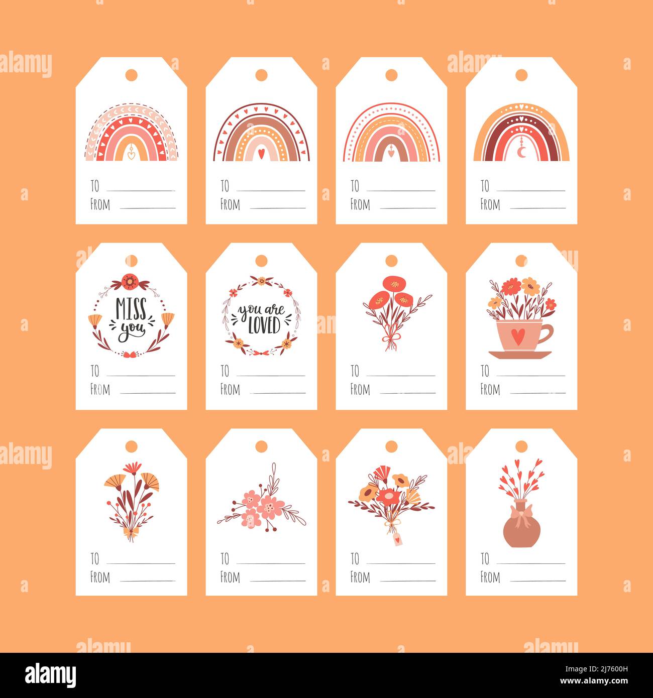 Set von Geschenkanhänger zum Valentinstag. Boho-Regenbogen, Blumensträuße, Kränze. Sammlung von Geschenk-Etiketten mit einfachen niedlichen Illustrationen und Wörter T Stock Vektor
