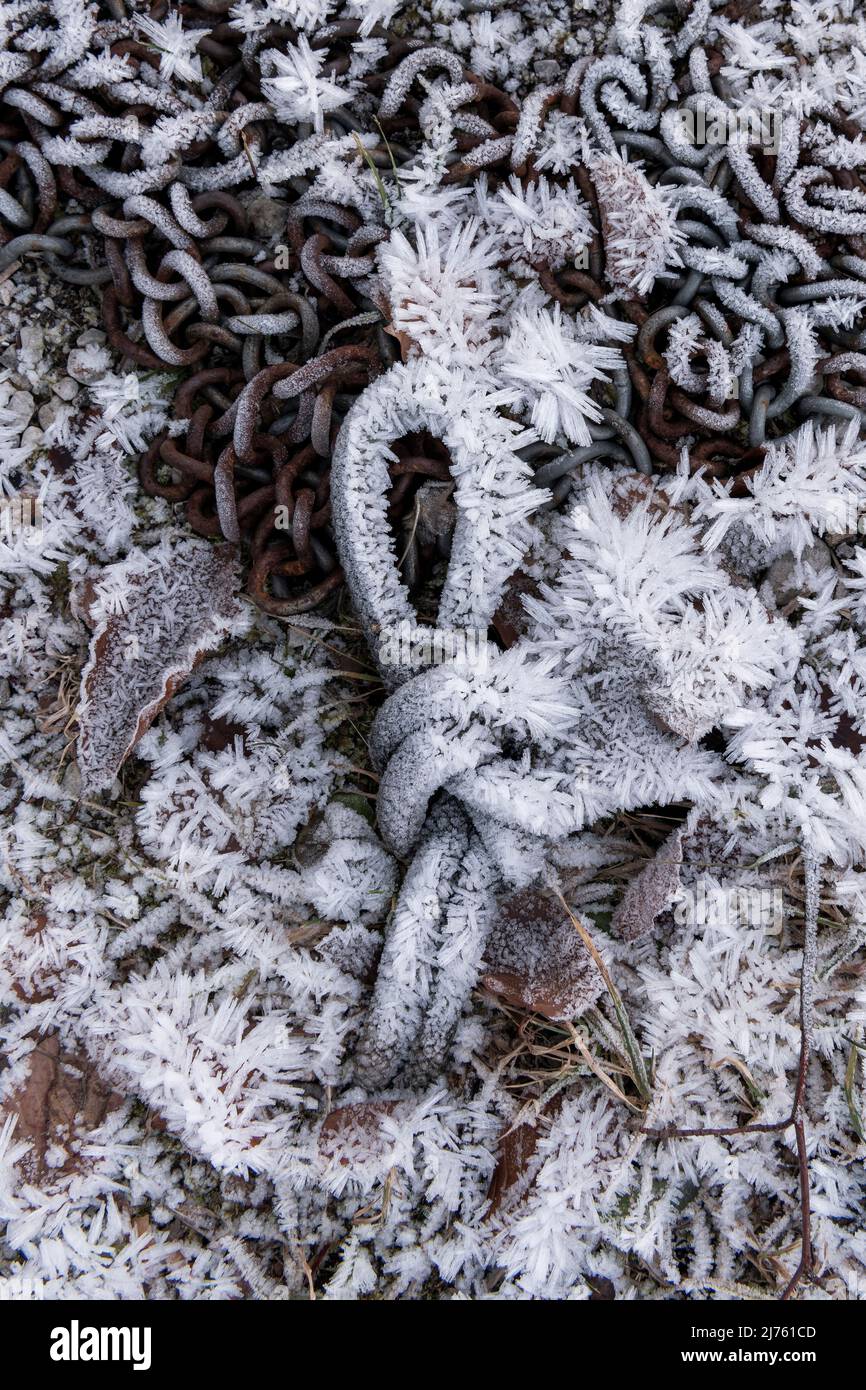 Am Ufer eines Sees zwischen einer Kette liegt ein Seil, das mit acht Knoten und Reif bedeckt ist Stockfoto