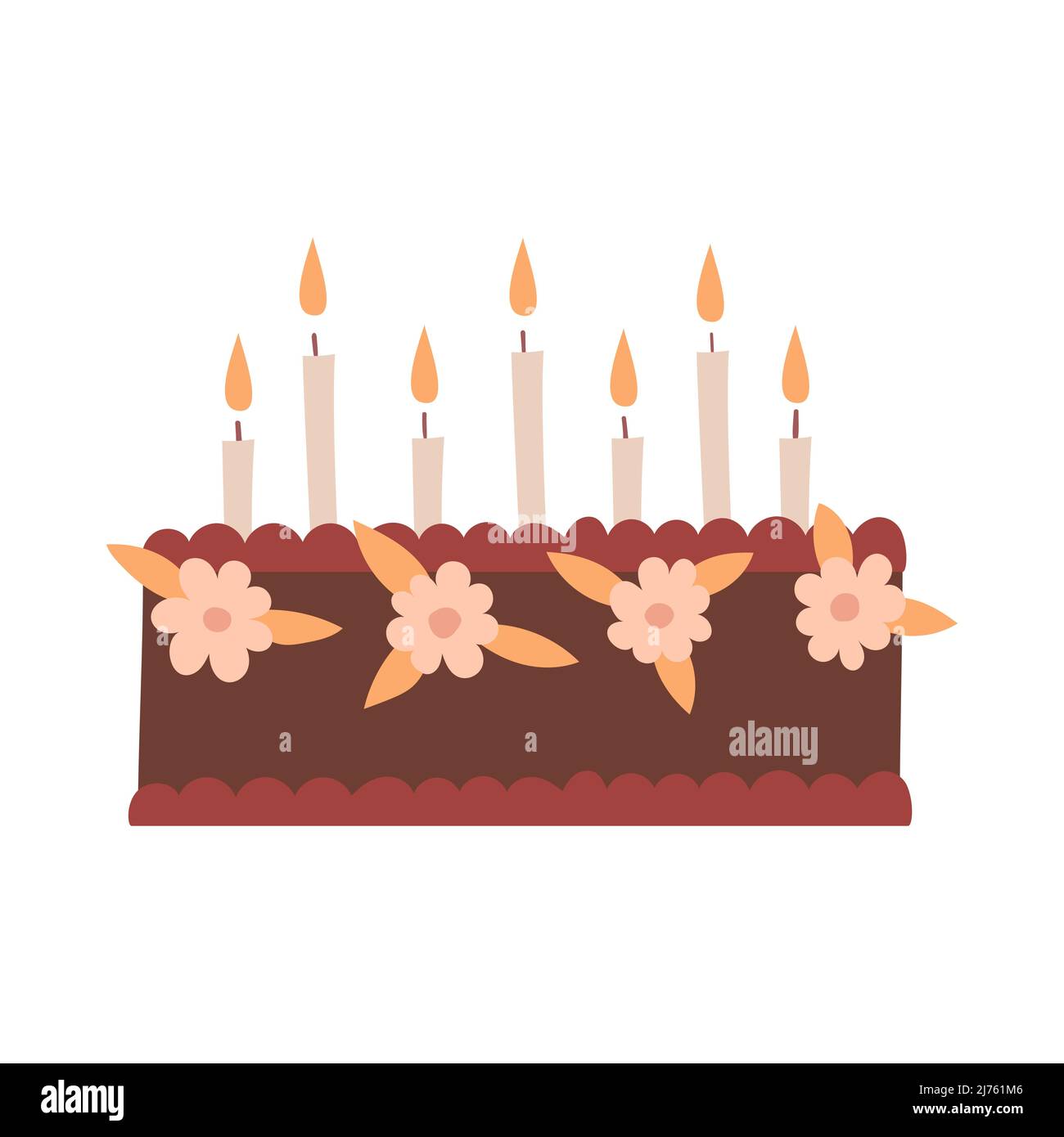 Eine Geburtstagstorte mit Blumen, Creme und Kerzen. Süßes Essen, Gebäck. Dekoratives Element zum Valentinstag, Geburtstag. Einfache flache Farbe vecto Stock Vektor