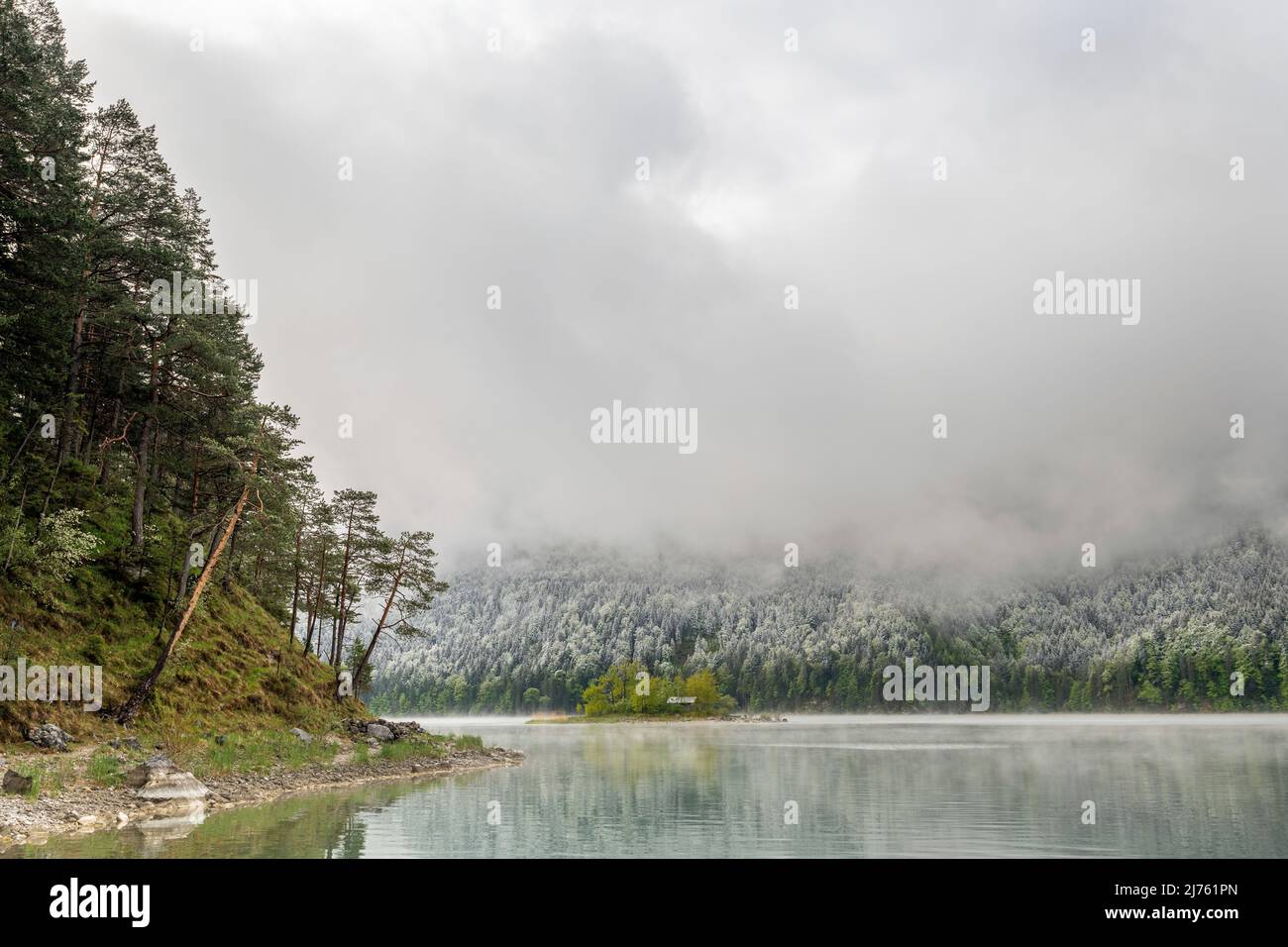Kleine grüne Insel im Eibsee, unterhalb der Zugspitze in den bayerischen Alpen des Wettersteingebirges während der Eisheiligen im Frühjahr. Im Hintergrund Schnee auf dem frischen Grün des Waldes und dichten Regenwolken. Stockfoto