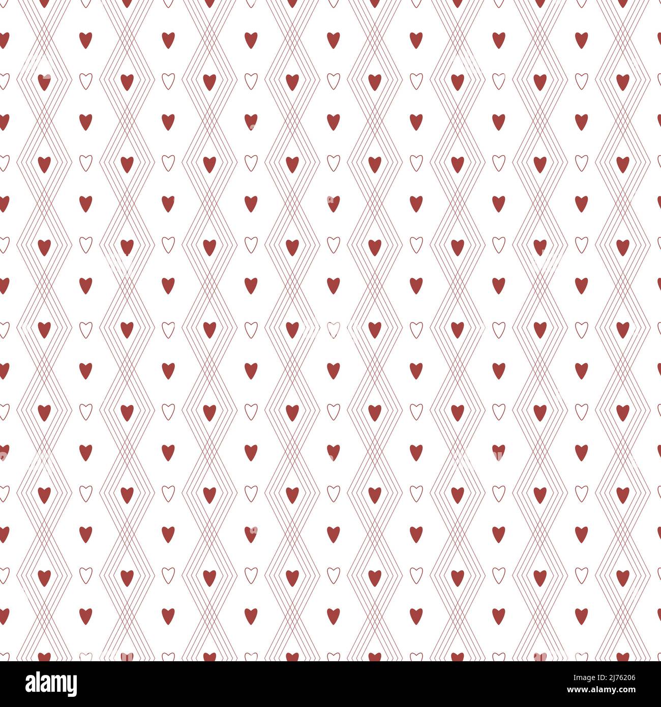Ein einfaches, nahtloses minimalistisches Muster mit dunkelroten Herzen und Zickzackstreifen auf weißem Hintergrund. Perfekt für Valentinstag Verpackung und Verpackung Stock Vektor