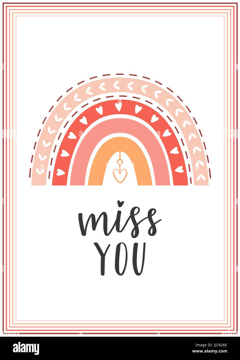 Valentinskarte mit einem roten und rosa Boho-Regenbogen mit einem Muster und einem Herz und der handschriftlichen Phrase Miss You. Farbvektordarstellung in einem f Stock Vektor