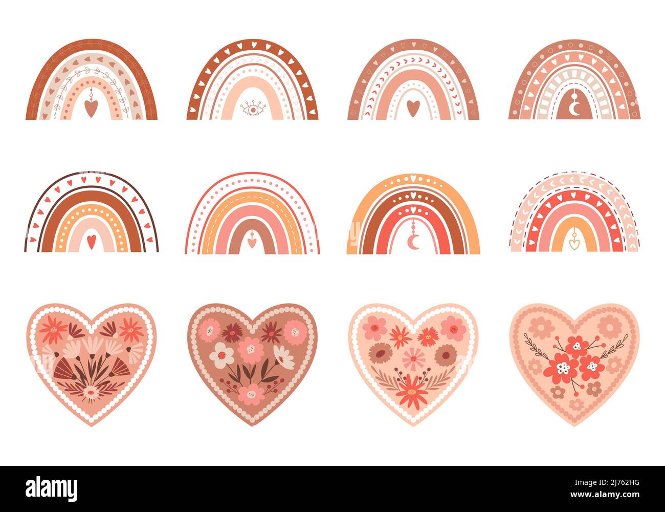 Ein Set aus Boho-Regenbogen und Herzen mit einfachen Blumen. Boho Valentinstag. Pastellfarben als Deko-Elemente zum Valentinstag. Darstellung von Farbvektoren Stock Vektor