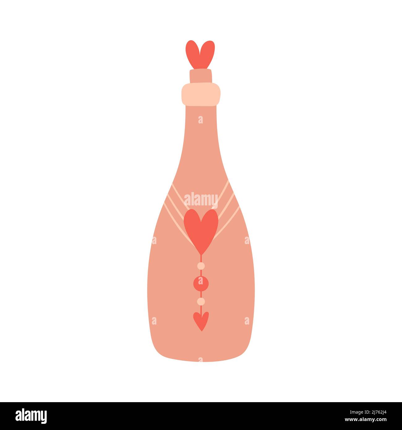 Glasflasche mit Kork, Dekor und Herzen. Trinken, Wein, Symbol der Romantik, Liebe. Ein dekoratives Element zum Valentinstag. Farbvektor-Abb. Stock Vektor