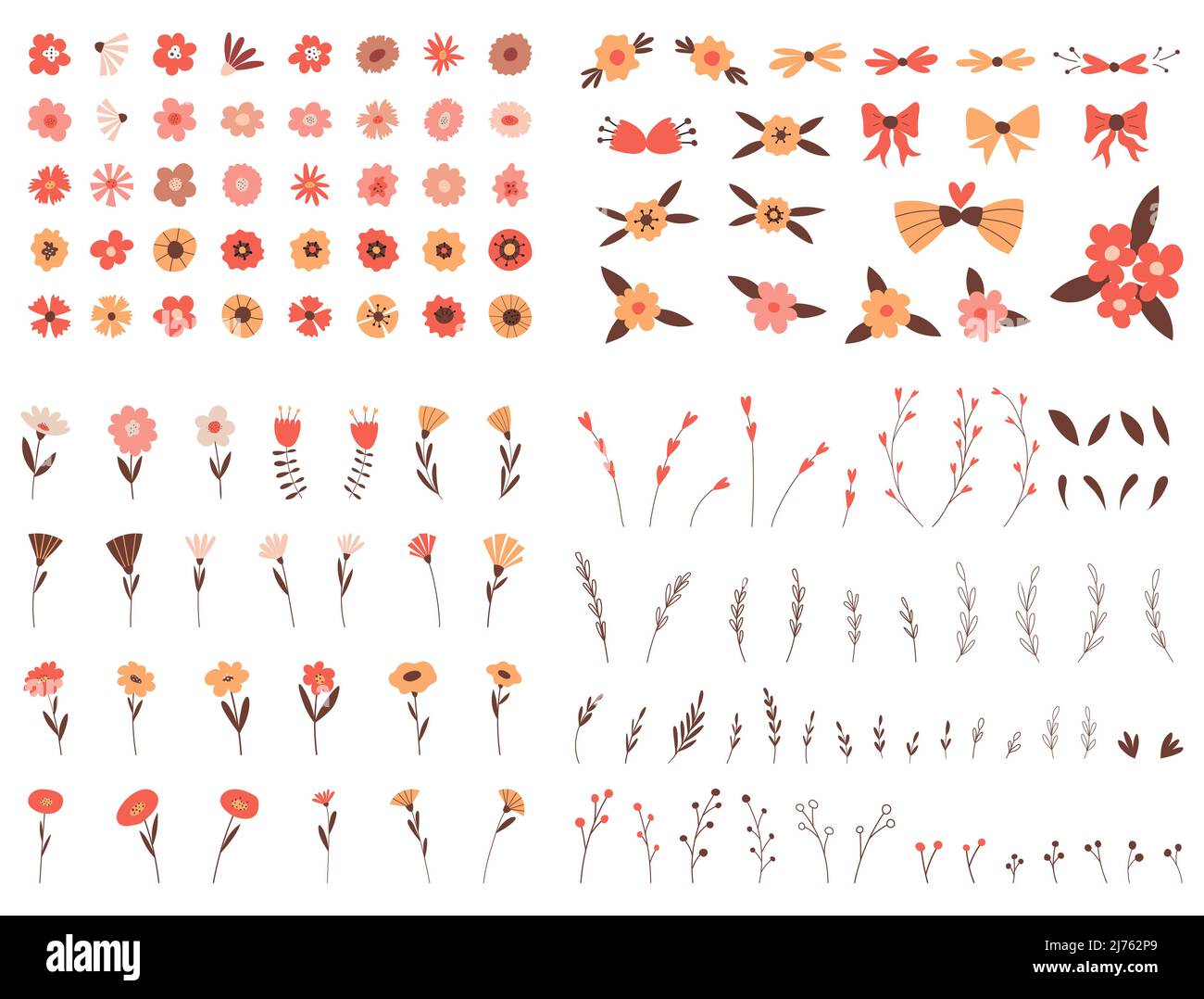Ein großer Satz einfacher botanischer Elemente. Blumen, Blätter, Zweige, dekorative Objekte für Design. Flache Vektorgrafiken isoliert auf einem weißen Backgro Stock Vektor