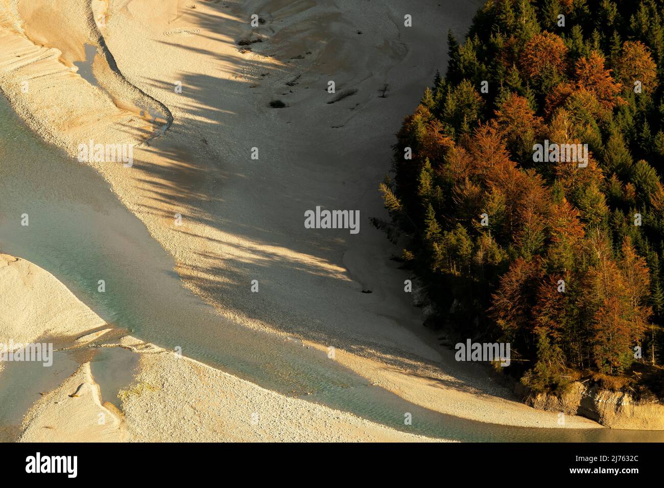 Das Bachbett der Isar bei Vorderriss, vom Berg aus fotografiert. Herbstfarben und der Schatten der Bäume dominieren den natürlichen Wasserlauf mit Kiesbänken. Stockfoto
