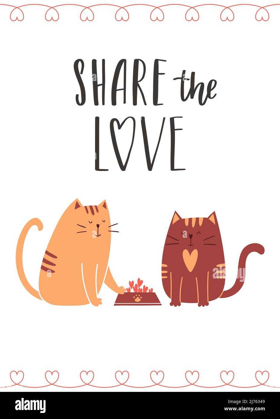 Valentinstag-Grußkarte mit niedlichen Katzen in der Liebe. Die Katze teilt Nahrung, Herzen. Die handgeschriebene Phrase Teilen Sie die Liebe. Handbeschriftetem Text. Zeichentrickfilm Stock Vektor
