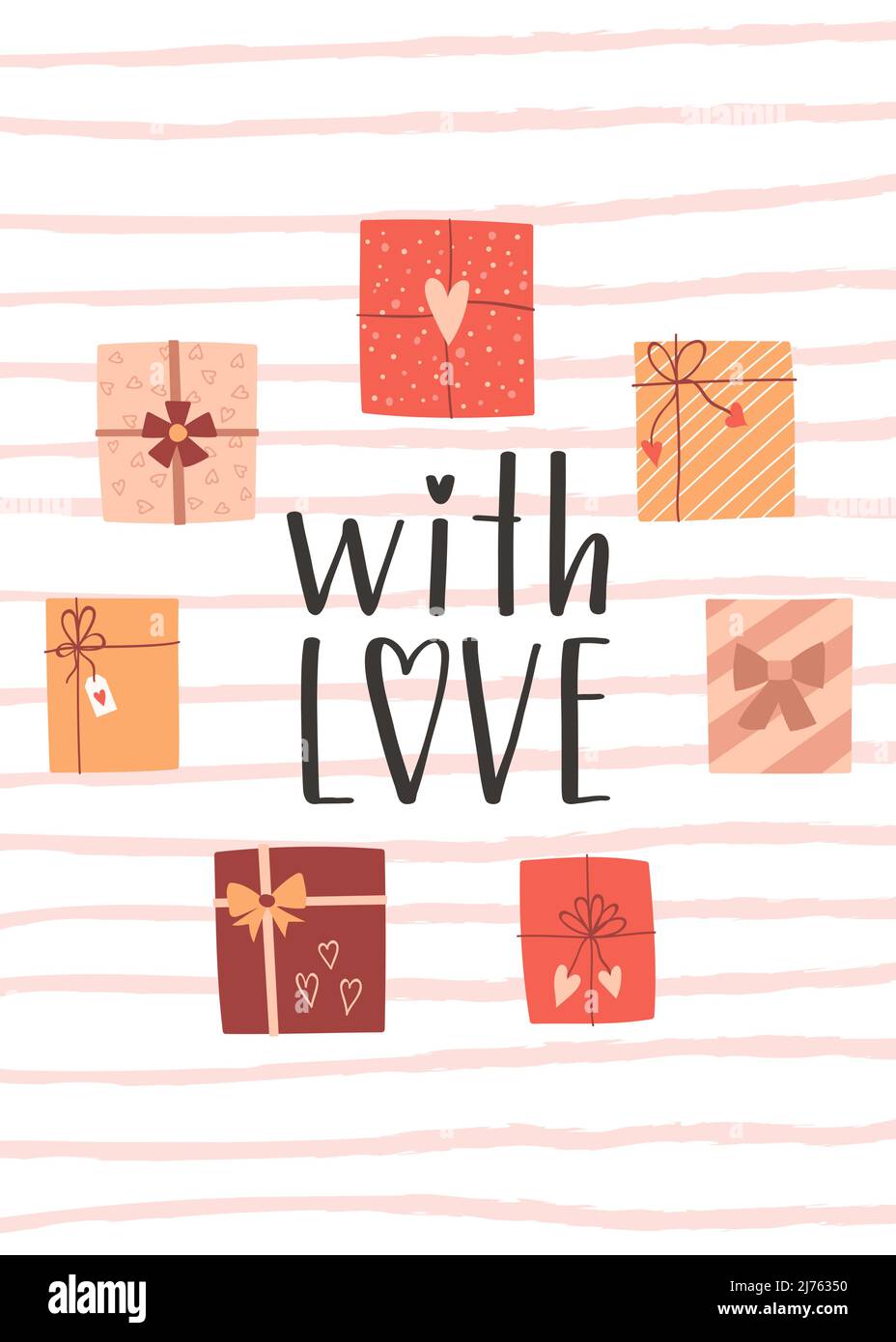 Eine Valentinstags- oder Geburtstagskarte mit Geschenkschachteln und einer handgeschriebenen Phrase – mit Liebe. Ein Symbol der Liebe, Romantik, Dankbarkeit. Farbe flach Vektor-illus Stock Vektor