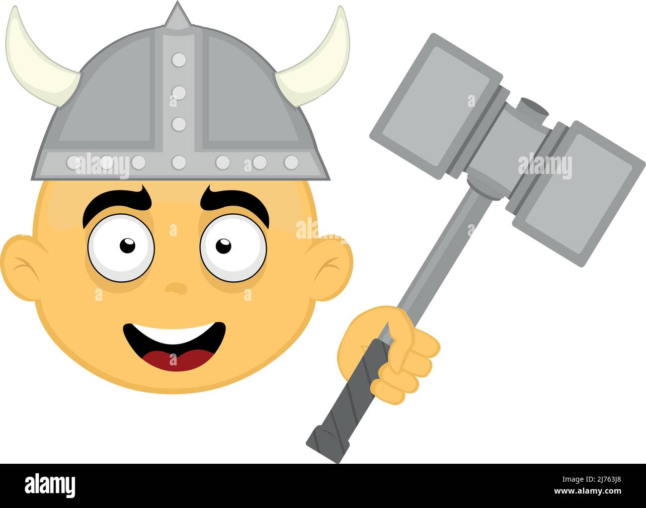 Vektor-Illustration eines gelben Zeichentrickfigur Gesicht mit einem wikingerhelm und Hammer Stock Vektor