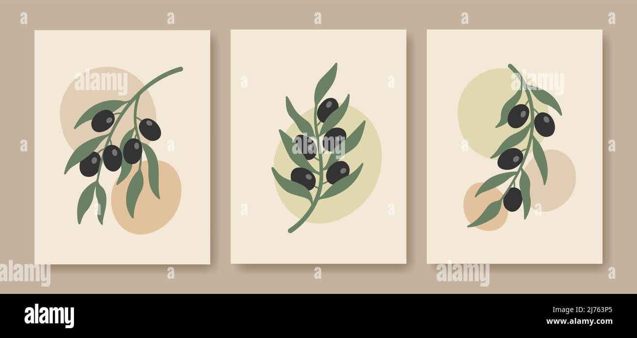 Abstrakte Boho minimalistische Olivenzweigsplakate. Botanische Wandkunst in Pastelltönen. Stock Vektor