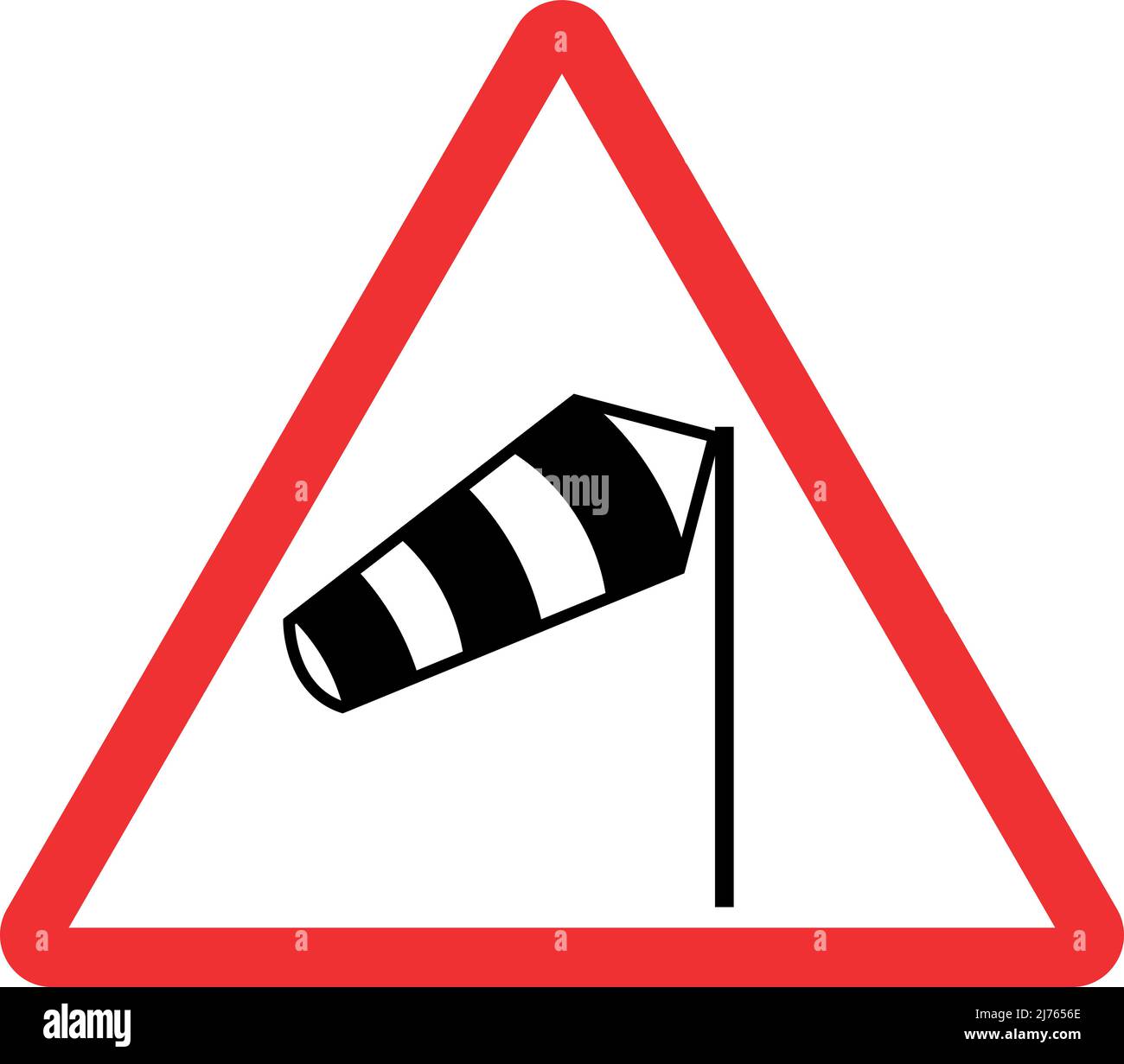Warnschild Seitenwind von rechts. Roter Dreieckhintergrund. Verkehrszeichen und -Symbole. Stock Vektor