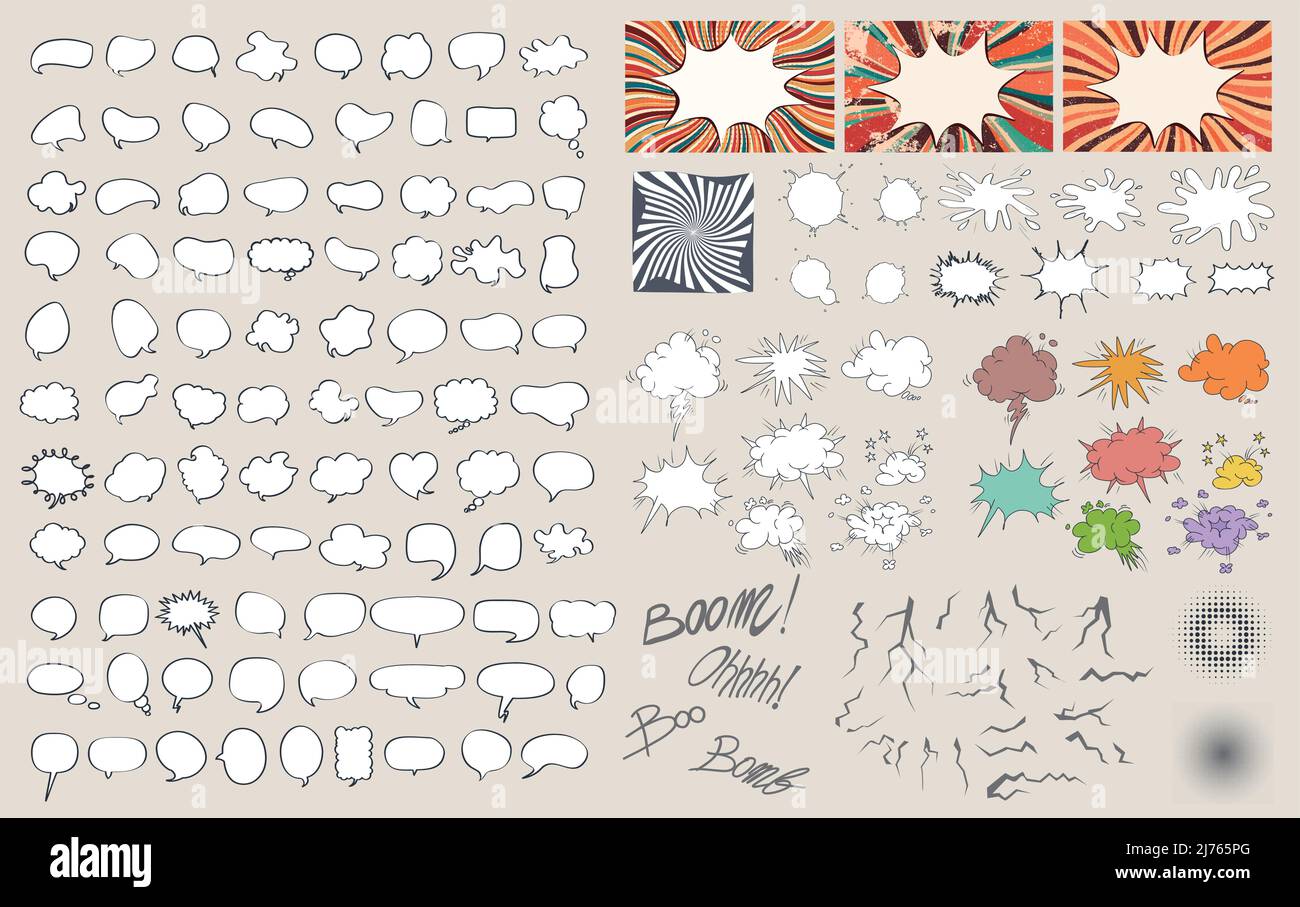 Big set Cartoon Rede Blase Sammlung mit Starburst - Splash - Riss - Tinte - Crunch - Halbton-Formen und Zeichen im Cartoon-Stil - Pop Art retro Stock Vektor