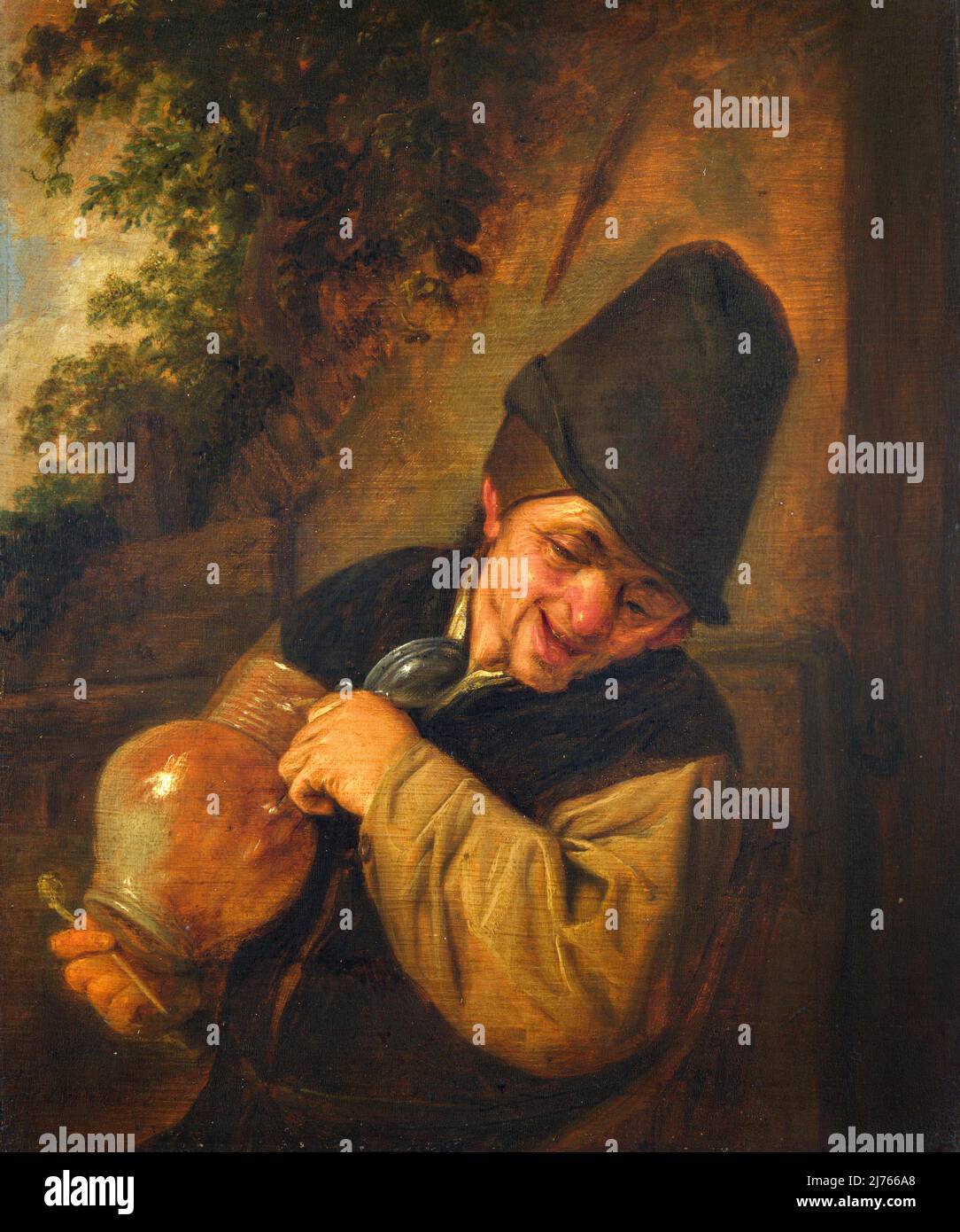 Ein Bauer mit Krug und Pfeife vom niederländischen Maler des Goldenen Zeitalters, Adriaen van Ostade (1610-1685), Öl auf Eiche, c. 1650-55 Stockfoto