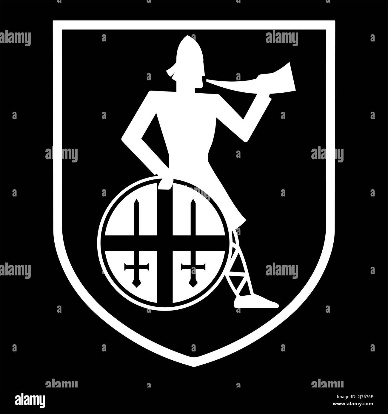 Wikingerdesign. Alter nordischer Krieger mit Schild, Schwert und Kampfhorn Stock Vektor
