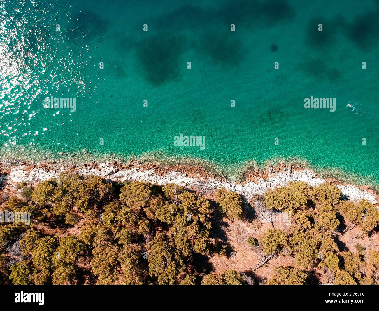 Von oben können Sie das Meer und einen Teil des Gebiets von Seget Vranjica in Kroatien sehen. Im Vordergrund viel Wald. Stockfoto