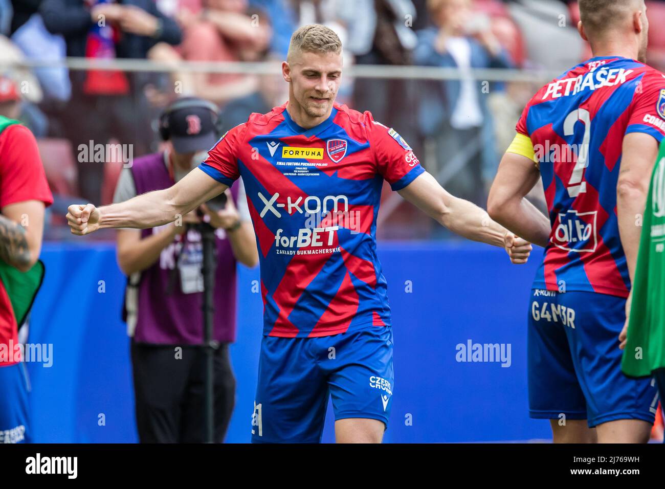 Vladislavs Gutkovskis aus Rakow feiert ein Tor beim letzten Spiel des Fortuna Polish Cup zwischen Lech Posen und Rakow Czestochowa im PGE-Nationalstadion. Endergebnis; Lech Poznan 1:3 Rakow Czestochowa. Stockfoto