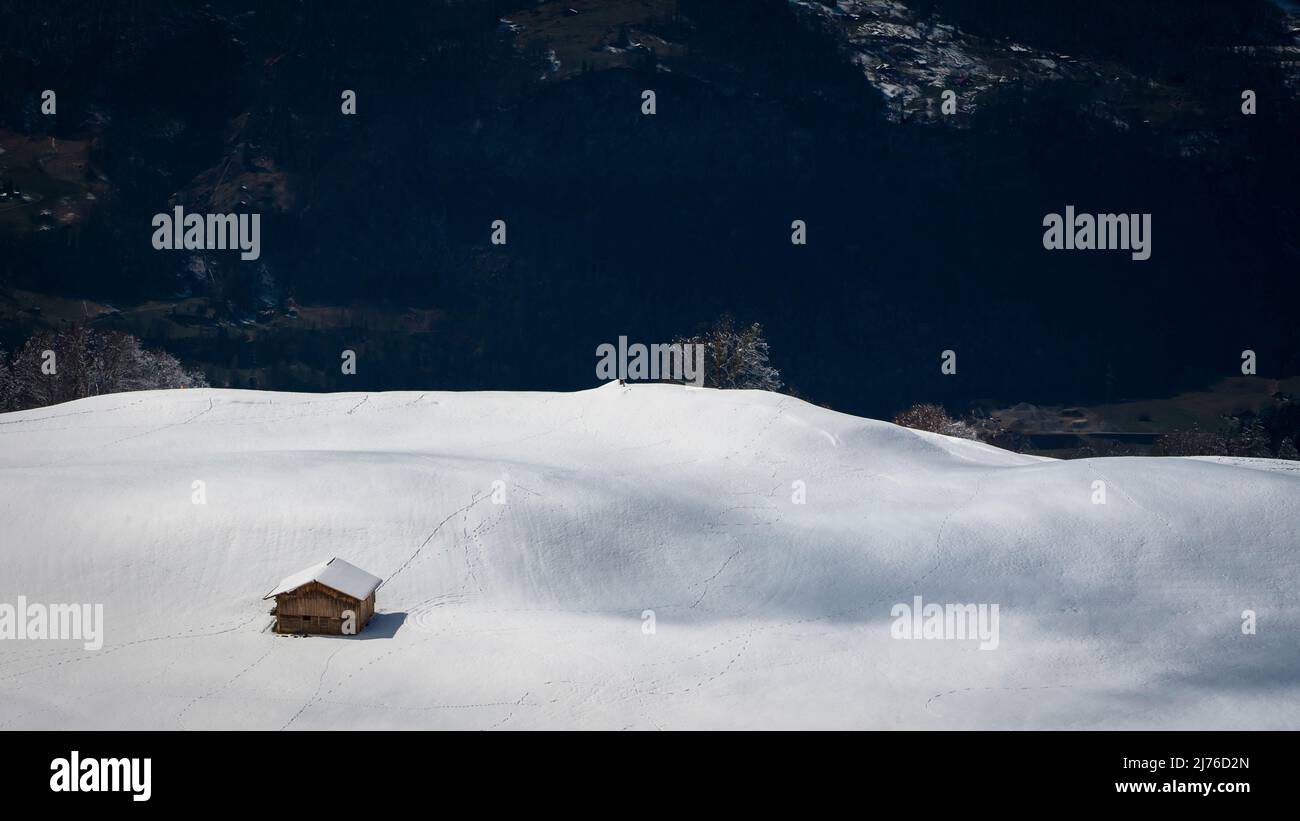 Verschneite Alp im Berner Oberland, einsame Scheune Stockfoto