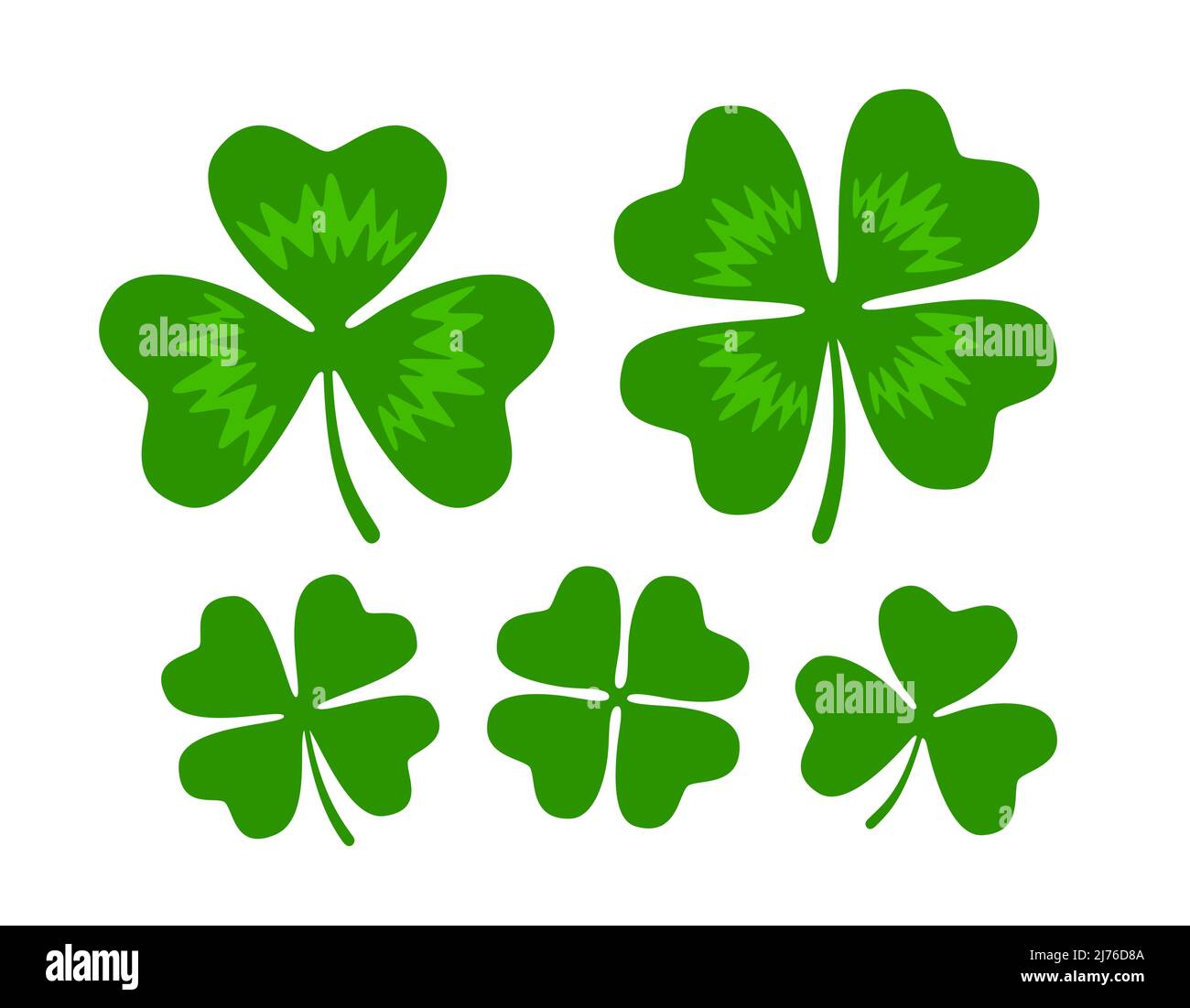 Kleeblatt mit vier Blättern und Kleeblatt. Viel Glück, Erfolgssymbol. Set von dekorativen Elementen für das Design des St. Patrick Day Stock Vektor