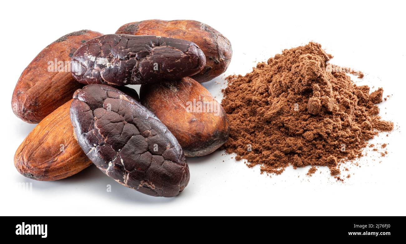 Kakaobohnen und Kakaopulver Nahaufnahme auf weißem Hintergrund. Stockfoto