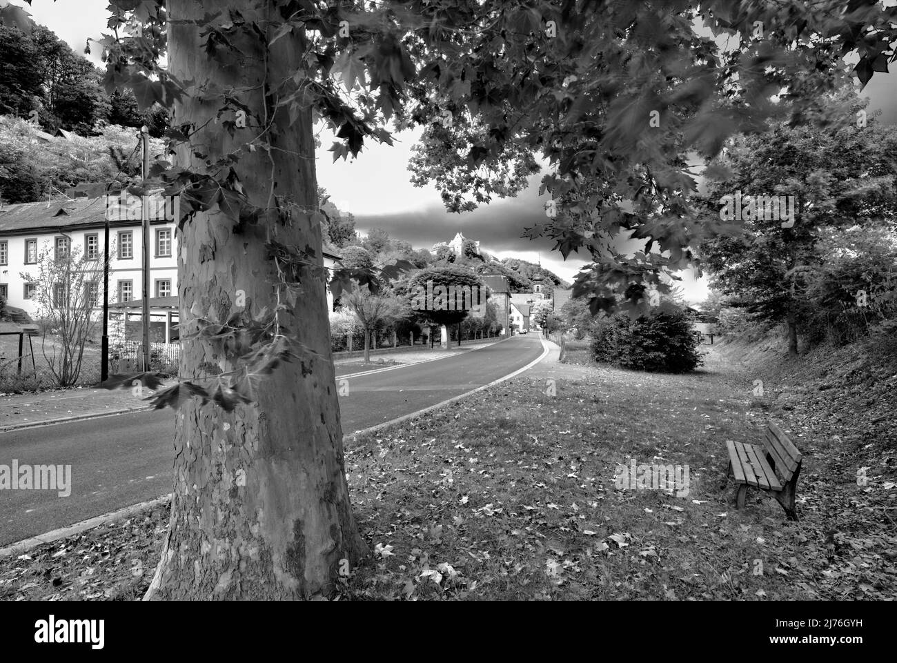 Dorfblick, Hausfassade, Schloss, Herbst, Rothenfels, Main-Spessart, Franken, Bayern, Deutschland, Europa Stockfoto